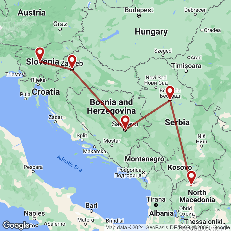 Route for Ljubljana, Zagreb, Sarajevo, Belgrade, Skopje tour